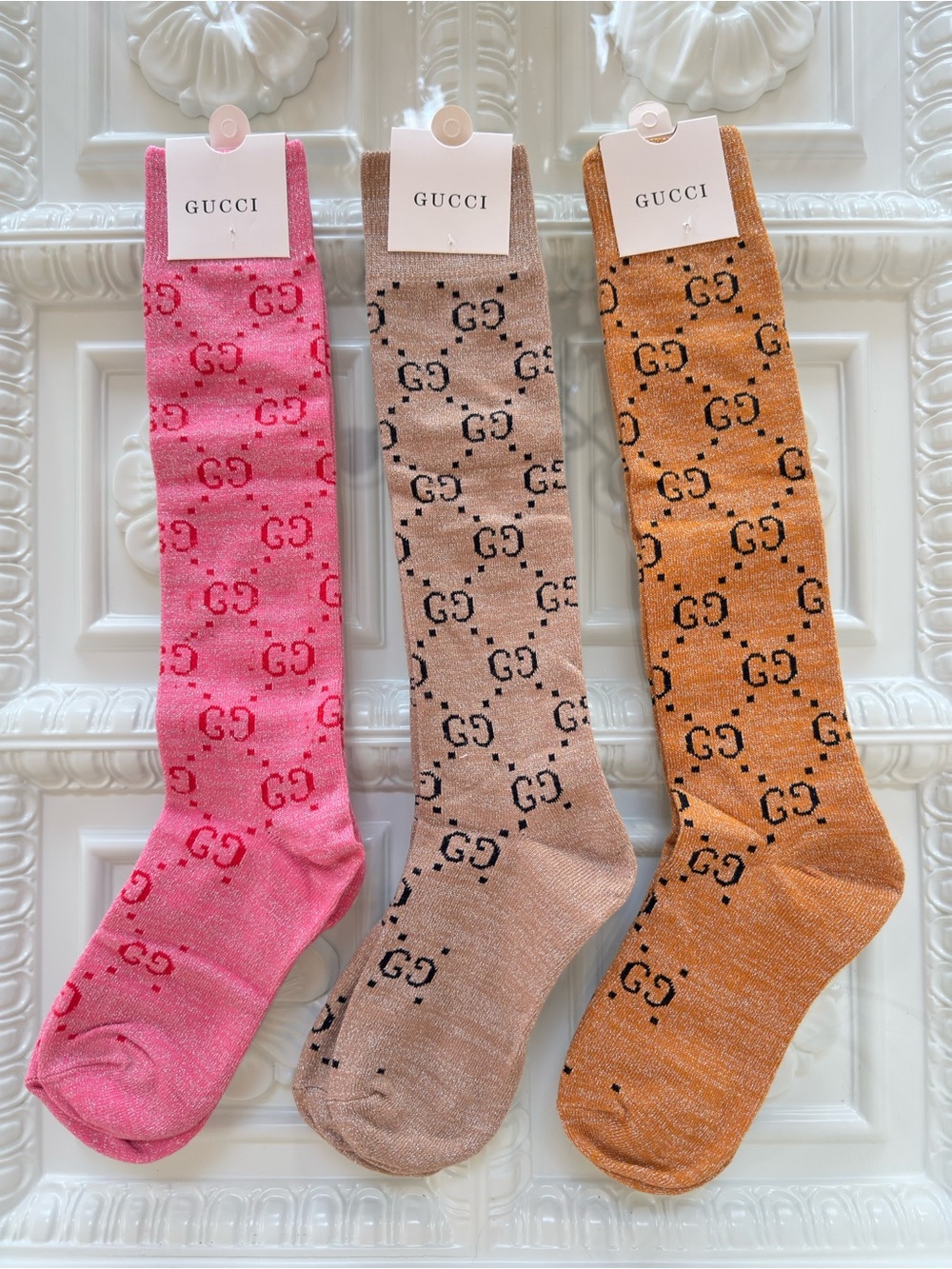 Luxe Logo Crew Socks- Pink, Beige, Gold